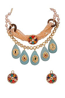 Gold Finish Kundan Polki & Turquoise Drop Necklace Set