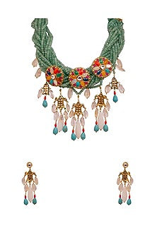 Gold Finish Green Agate Beaded Necklace Set