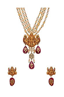 Gold Finish Jade Beaded Temple Necklace Set