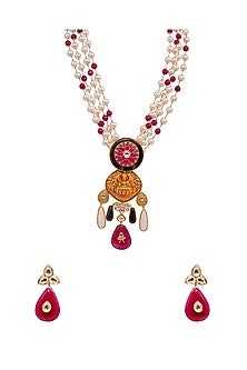 Gold Finish Kundan Polki & Pearl Temple Necklace Set