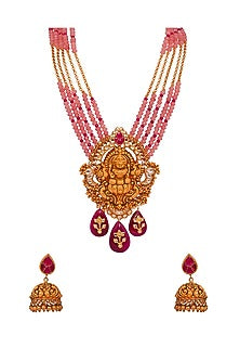 Gold Finish Red Jade Temple Necklace Set