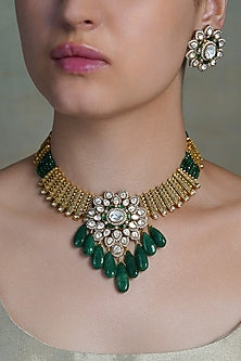 Yellow Gold Finish Emerald Green & White Stone Necklace Set