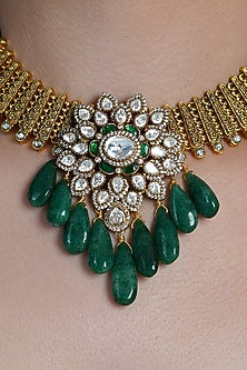 Yellow Gold Finish Emerald Green & White Stone Necklace Set