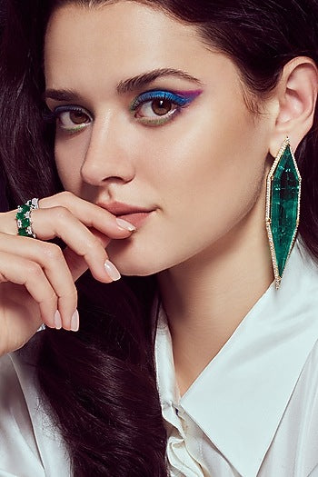White Finish Cubic Zirconia & Green Semi-Precious Stone Dangler Earrings