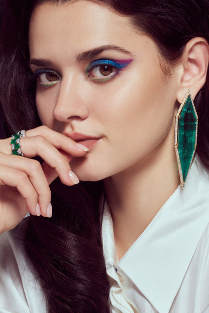 White Finish Cubic Zirconia & Green Semi-Precious Stone Dangler Earrings