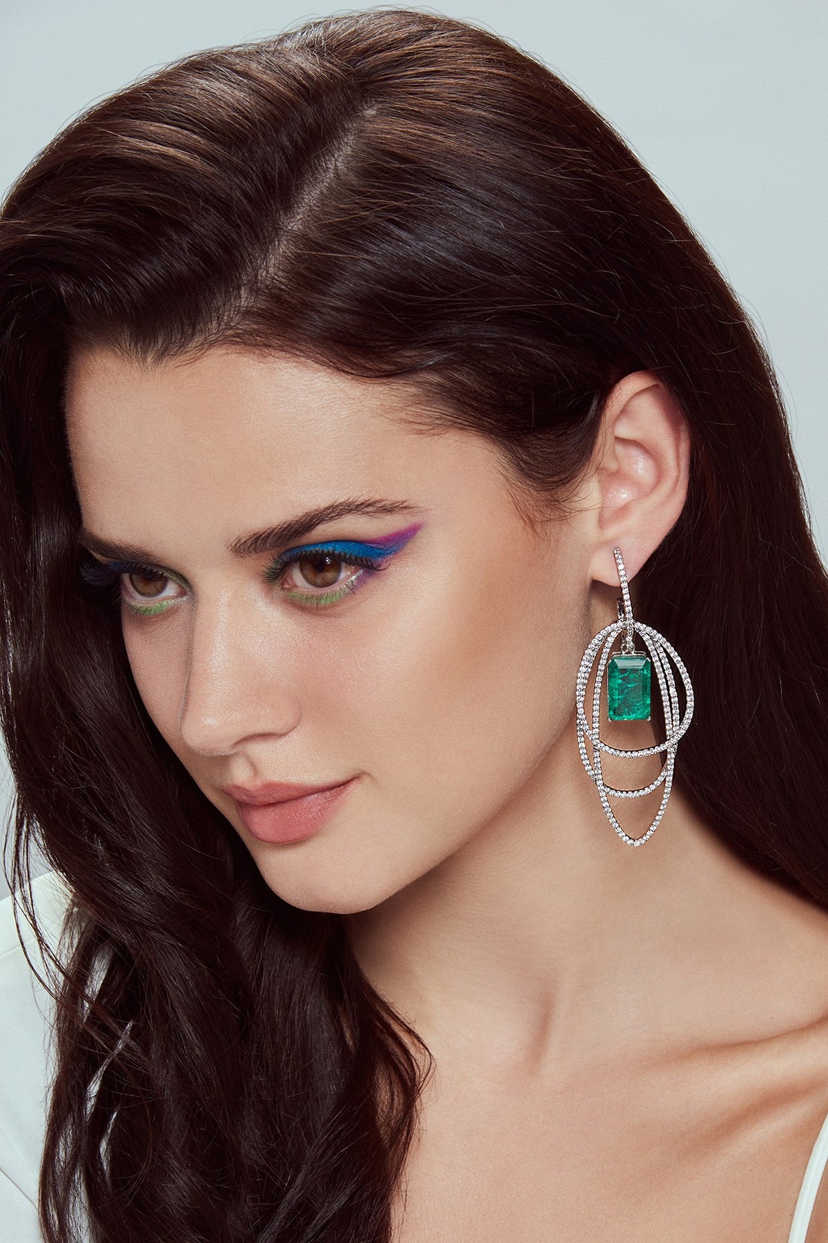 White Finish Zircon & Emerald Stone Layered Dangler Earrings