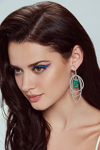 White Finish Zircon & Emerald Stone Layered Dangler Earrings