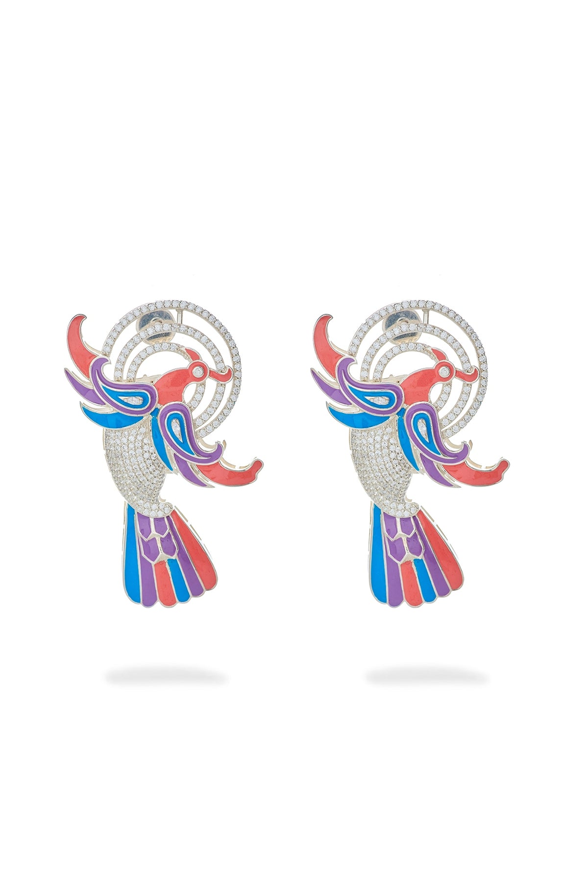 White Rhodium Finish Cz Diamond Enameled Earrings In Sterling Silver