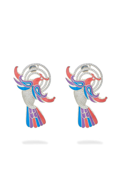 White Rhodium Finish Cz Diamond Enameled Earrings In Sterling Silver