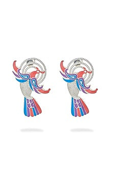 White Rhodium Finish Cz Diamond Enameled Earrings In Sterling Silver