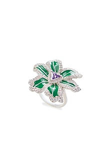 White Rhodium Finish Amethyst Gemstone Green Enameled Ring In Sterling Silver