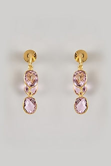Gold Finish Pink Stone Hoop Earrings