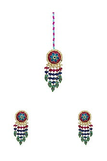 Gold Finish Enameled Rani Pink Meenakari Maang tikka Set