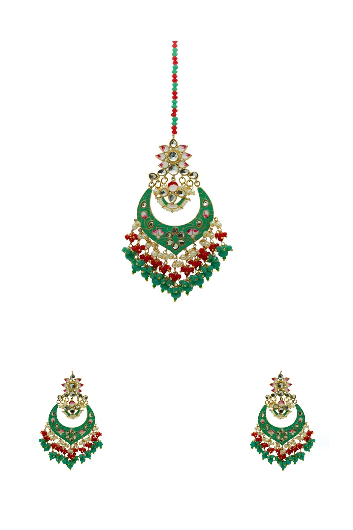 Gold Finish Enameled Dark Mint Meenakari Maang tikka Set