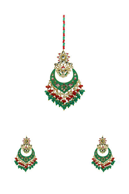 Gold Finish Enameled Dark Mint Meenakari Maang tikka Set