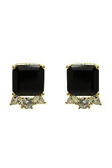 Gold Finish Black & White Synthetic Stone Stud Earrings