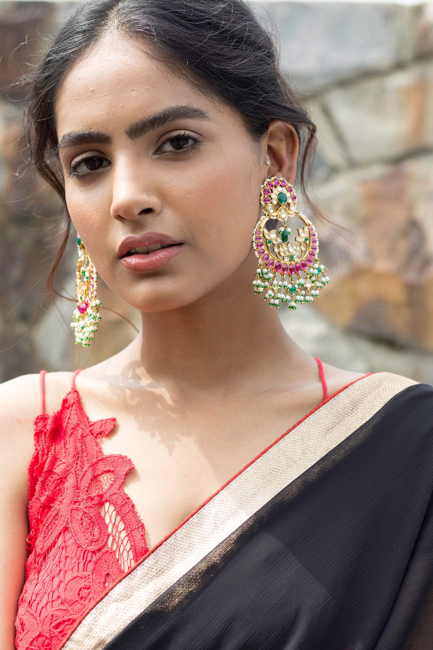 Gold Floral Stone Chandbalis 