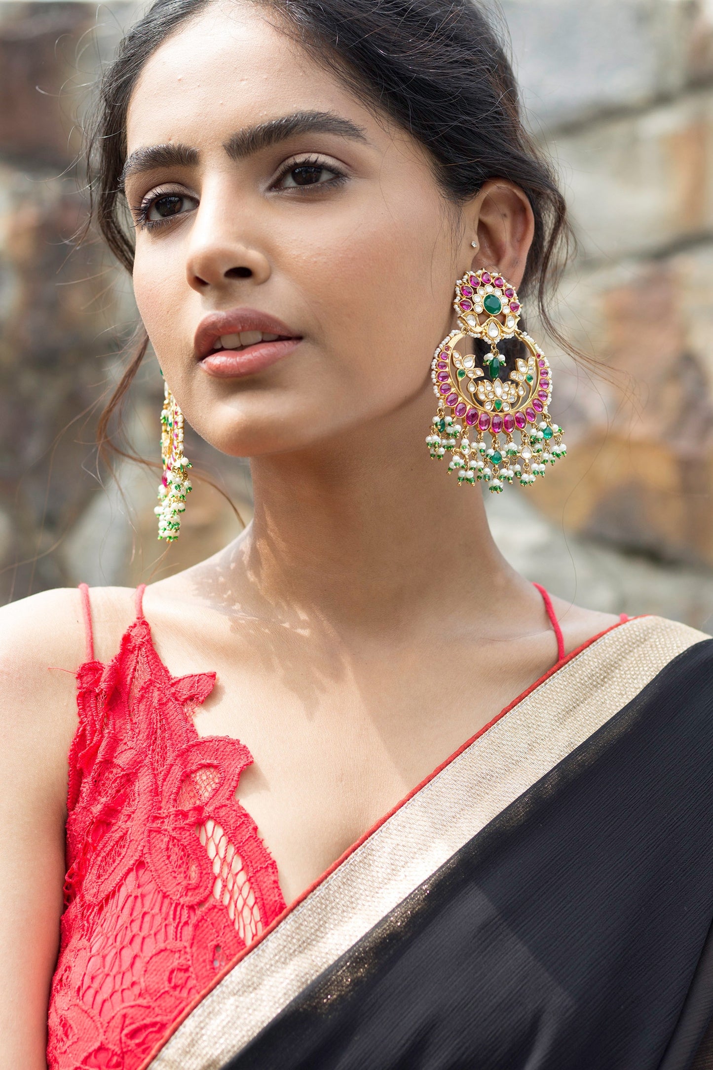 Gold Floral Stone Chandbalis 