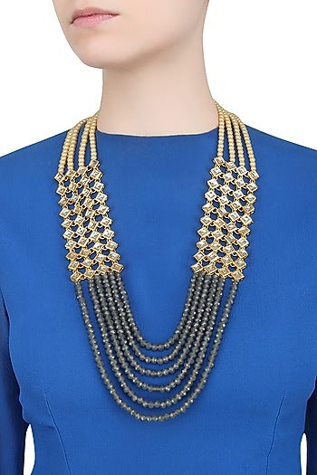 Pearls And Blue Beads Multiple String Necklace