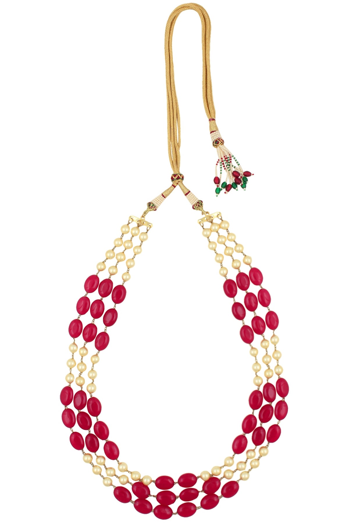 Pearls and Ruby Stone Three Strand Necklace