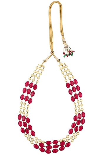 Pearls and Ruby Stone Three Strand Necklace