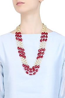 Pearls and Ruby Stone Three Strand Necklace