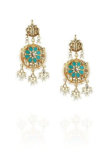 Gold finish turquoise stone chandbaali earrings