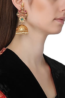 Gold Finish Semi Precious Stone Jhumki Earrings