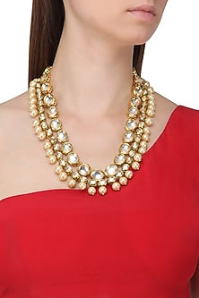 Gold Finish Polki Stone and Pearls Necklace