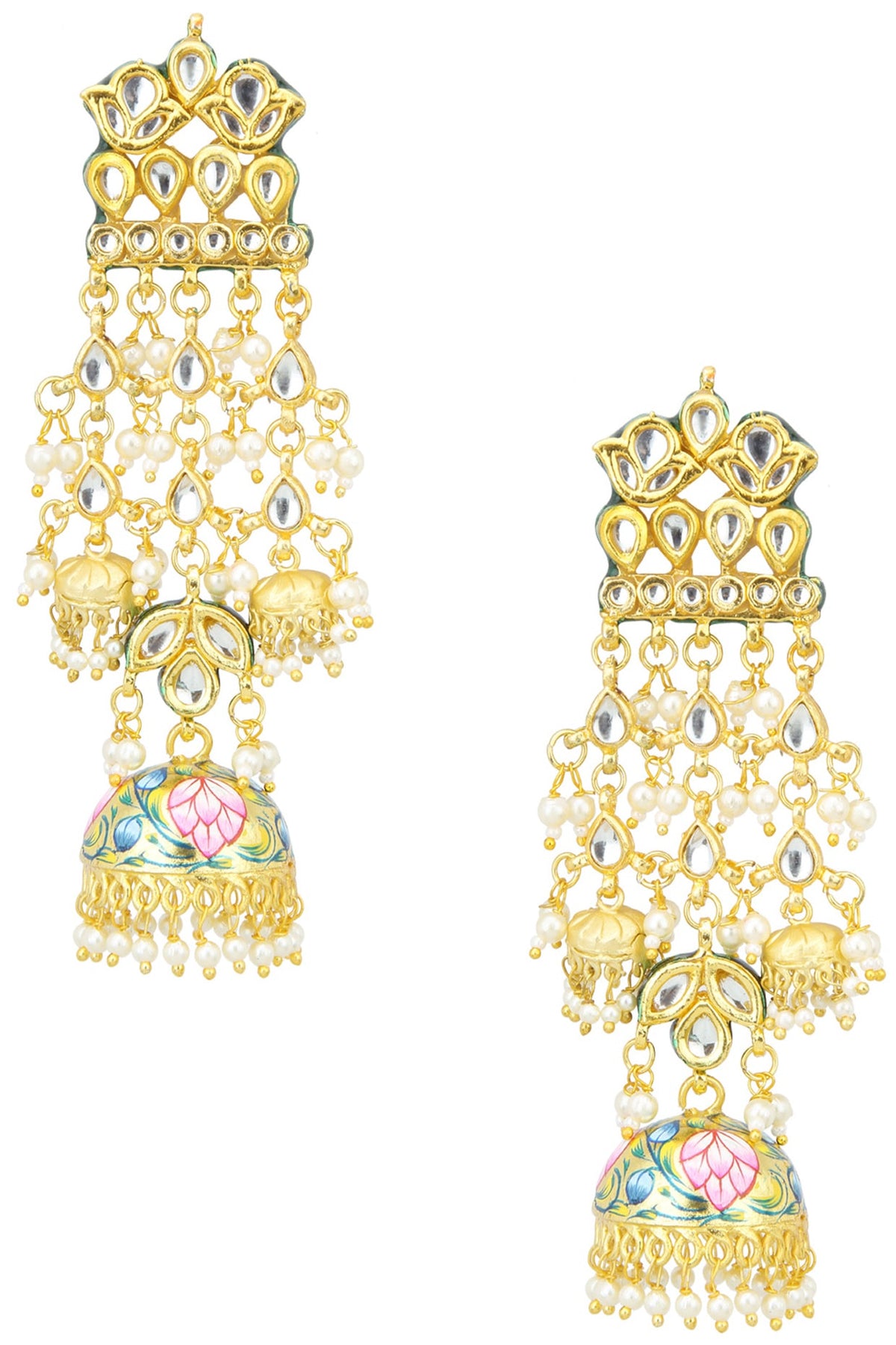 Gold Finish Kundan and Meenakari Earrings