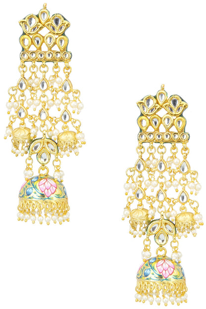 Gold Finish Kundan and Meenakari Earrings