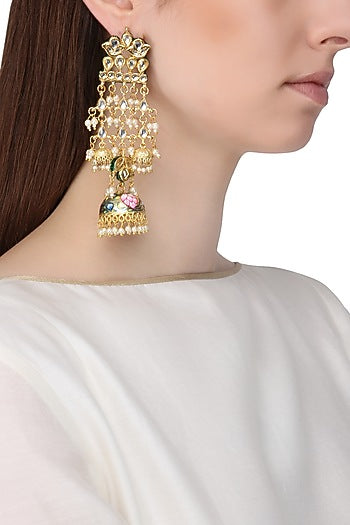 Gold Finish Kundan and Meenakari Earrings