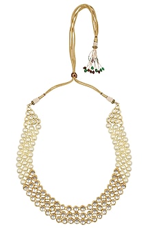 Gold Finish Kundan and Pearl Three String Necklace