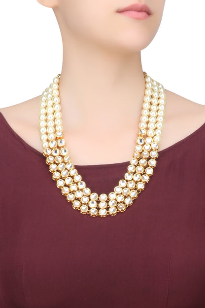Gold Finish Kundan and Pearl Three String Necklace