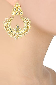 Gold Finish Kundan and Pearl Crescent Earrings