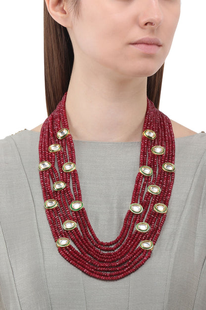 Gold Finish Polki and Maroon Beads Necklace