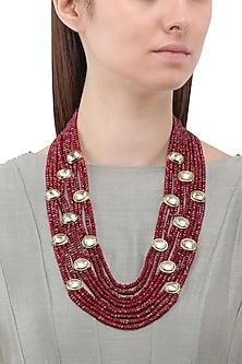 Gold Finish Polki and Maroon Beads Necklace