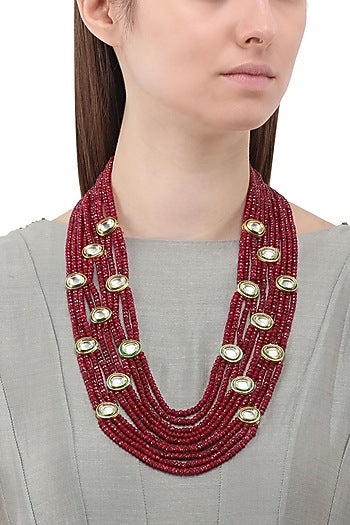 Gold Finish Polki and Maroon Beads Necklace