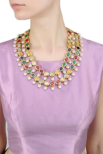 Gold finish navratan stone 2 liner string necklace