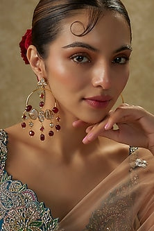 Gold Finish Kundan Polki & Ruby Beaded Chandbali Earrings