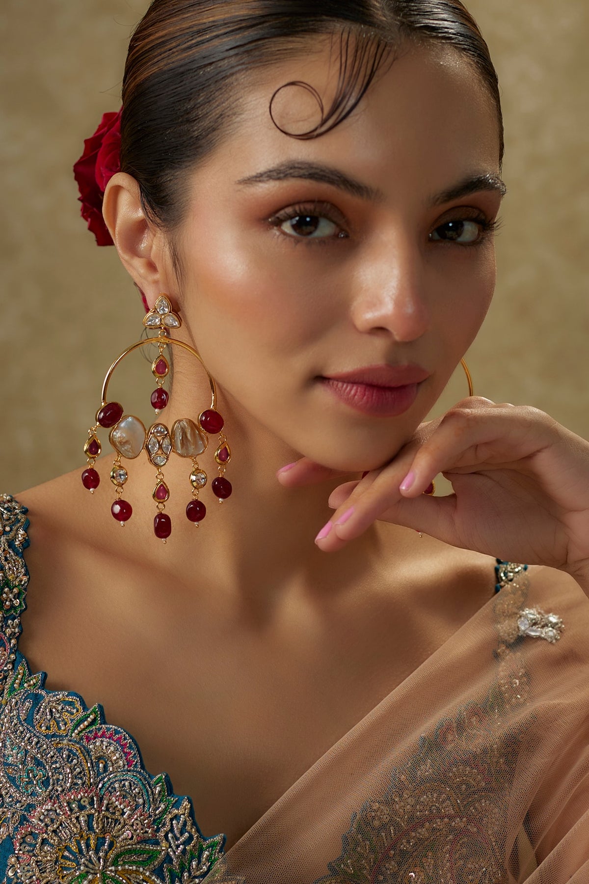 Gold Finish Kundan Polki & Ruby Beaded Chandbali Earrings