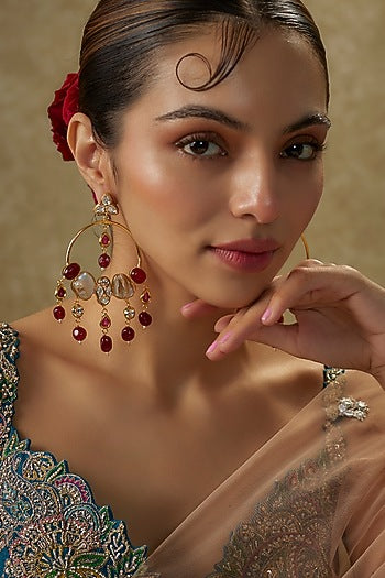 Gold Finish Kundan Polki & Ruby Beaded Chandbali Earrings