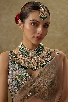 Gold Finish Kundan Polki & Green Onyx Handmade Necklace Set