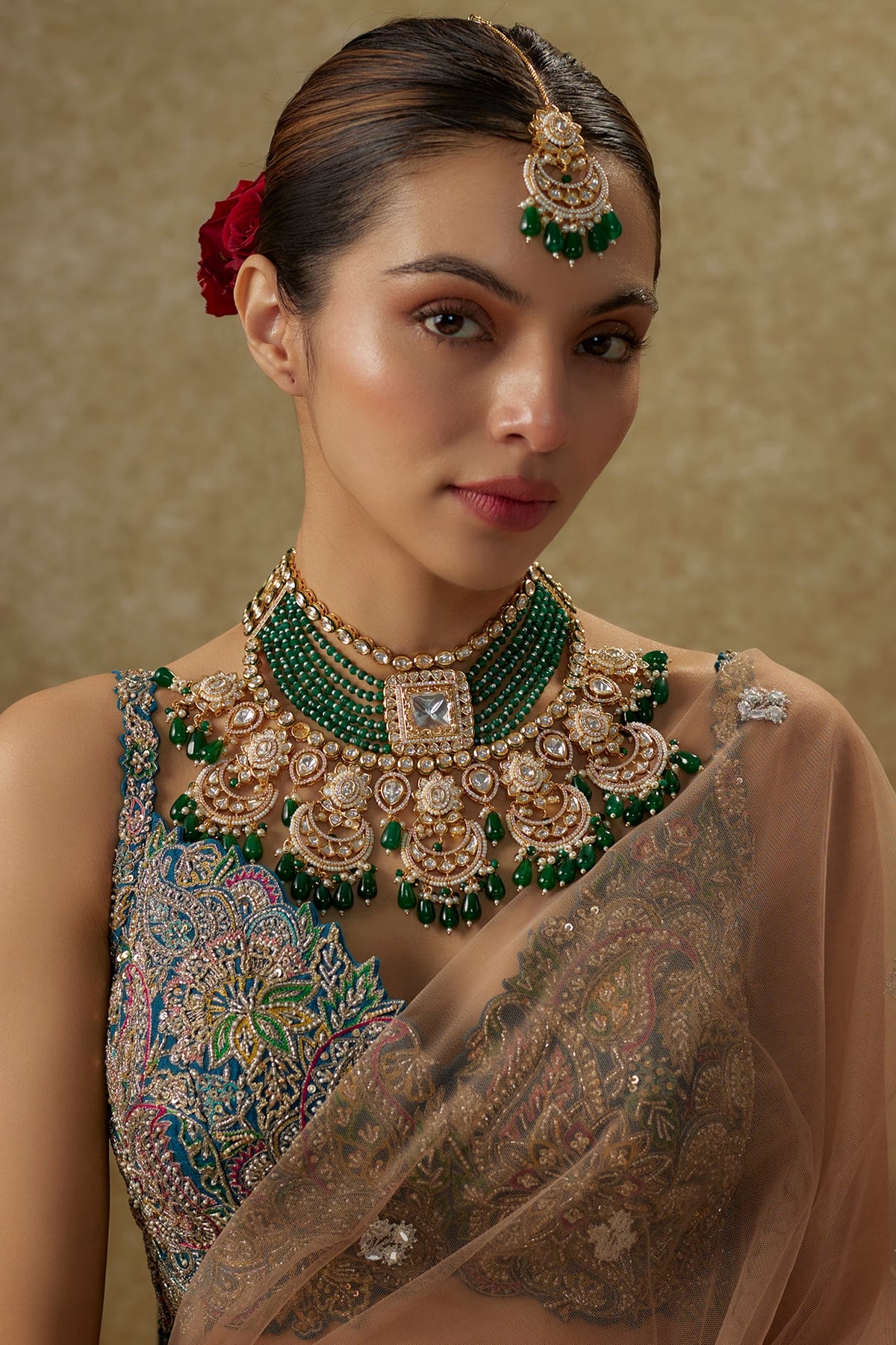 Gold Finish Kundan Polki & Green Onyx Handmade Necklace Set