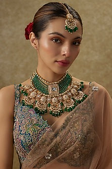 Gold Finish Kundan Polki & Green Onyx Handmade Necklace Set