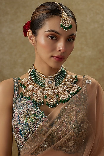 Gold Finish Kundan Polki & Green Onyx Handmade Necklace Set