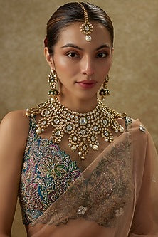 Gold Finish Kundan Polki & Green Onyx Meenakari Choker Necklace Set