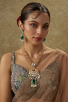 Gold Finish Kundan Polki & Emerald Doublet Stone Long Necklace Set