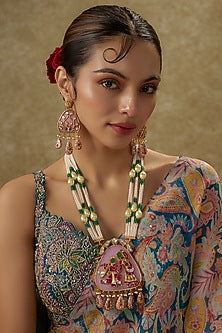 Gold Finish Pearl & Emerald Agate Beaded Long Temple Necklace Set