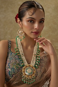 Gold Finish Moissanite & Emerald Cabochon Stone Handcrafted Long Necklace Set